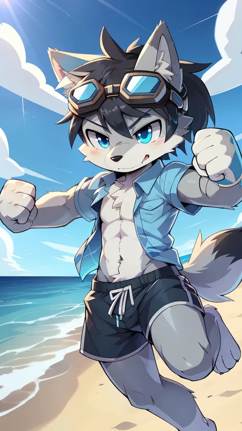 score_9,score_8_up,score_7_up, source_cartoon, source_furry, furry shota, wolf, black hair, long spiky ponytail, blue eyes, two tone body fur, grey body fur, clear grey body fur, detailed body fur, ((goggles, blue hawaiian shirt, open clothes, black swim t...