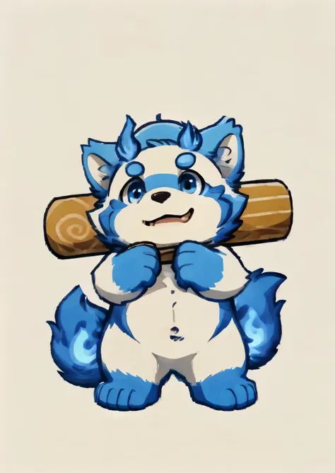 solo, botailang,Cute face, (baseball cap, Wielding Baseball bat) ,(Sideways, sidled), Chubby,(white eyebrows:1.1),(blue eyes),Simple background, Blue Background,print style。（Artist:Takemoto Arashi），blue fire ，blue fire above the eyebrows