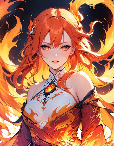 one girl, female fire spirit, fire-colored hair, internal fire, put a few drops of spark on your skin,