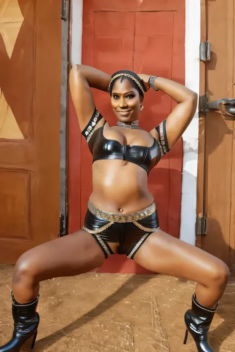 Indian,60 years old,Shiny black leather LATEX loincloth high waist shorts that cut into the vagina in a V shape toward the crotch ,Clothes are tight and constricting,sadist,Lie down with your legs raised and spread apart,bondage,Put the cap on your head,Ra...