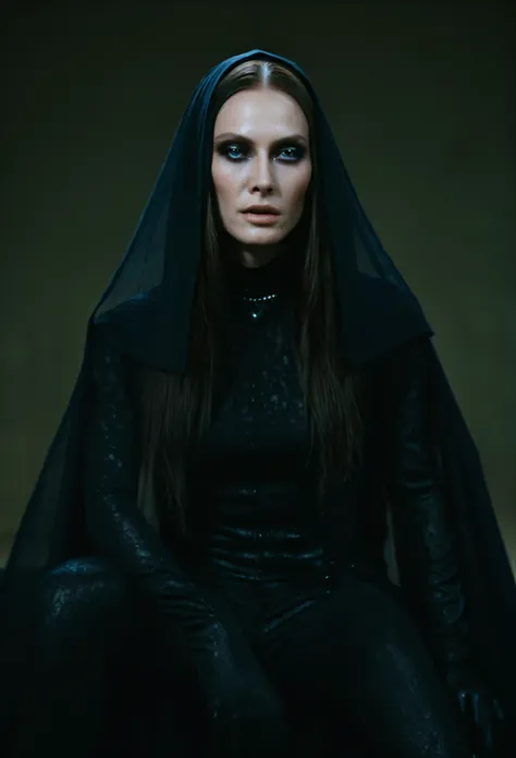 Fashionable of androgynous alien looking witch wearing veil, glowing eyes, beautiful evil slavic muscular woman, pale skin, long hair, futuristic design, minimal details, givenchy, photoreal, 200mm, hd, f/ 2.0, highly detailed, surreal, sitting, light smil...