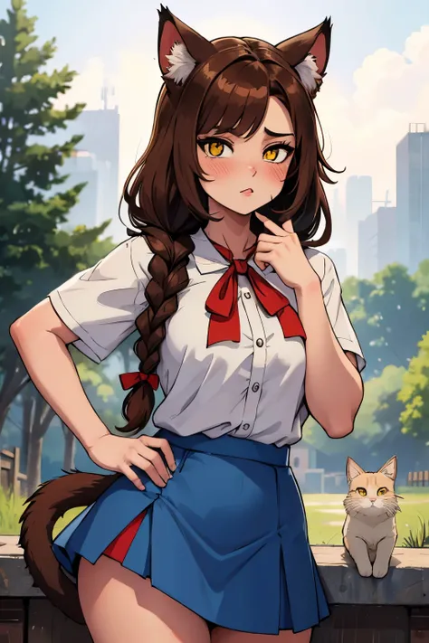 soft, cute adult neko with medium length voluminous brown hair with one 1 short braid near her face, wearing a white shirt with a red bandage around her neck and a short blue skirt , amazing, she has cat fangs, yellow eyes and blush on the face, cat tail, ...