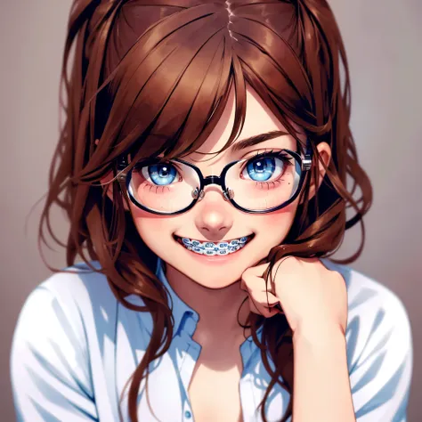 1girl, seductive eyes, braces, glasses, smiling, cute, face focus, blue eyes, blush, brown hair, best quality, masterpiece, high...