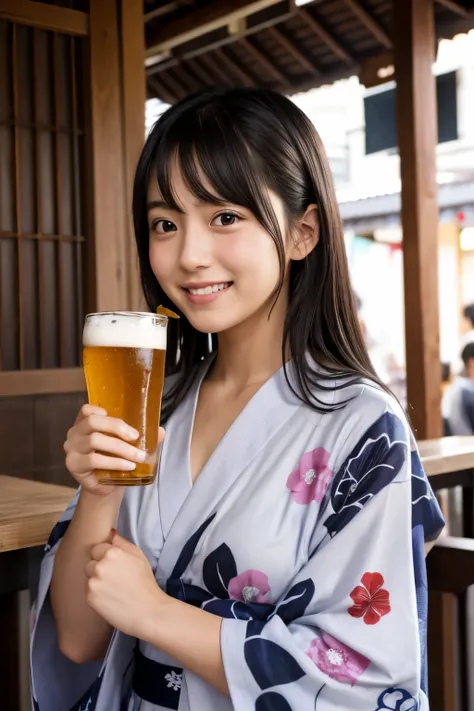 cute、yukata、girl、Holding a beer glass、Black Hair