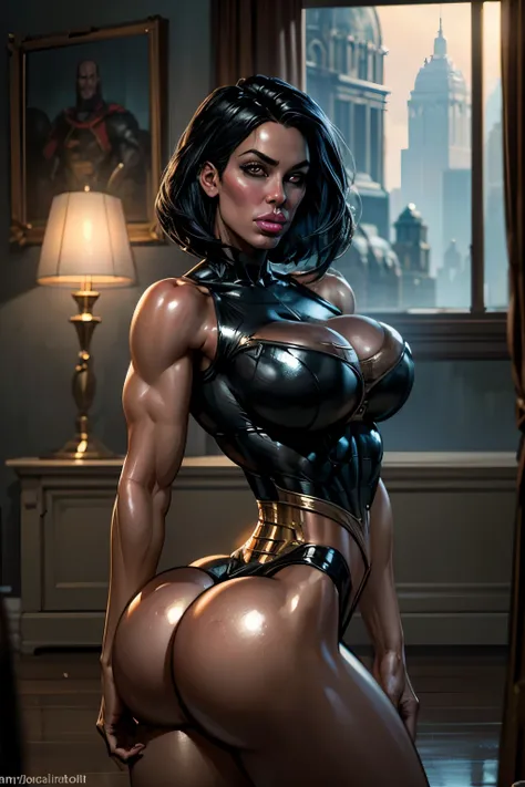 1girl, 35 y.o. woman,((Darkseid)), portrait in Justice League style, "Raven black hair styled in a sleek, severe bob" + "Piercing red eyes" + "Pale, flawless skin" + "Tall, imposing figure" + "Broad shoulders and narrow hips" + "Long, muscular legs" + "Ext...