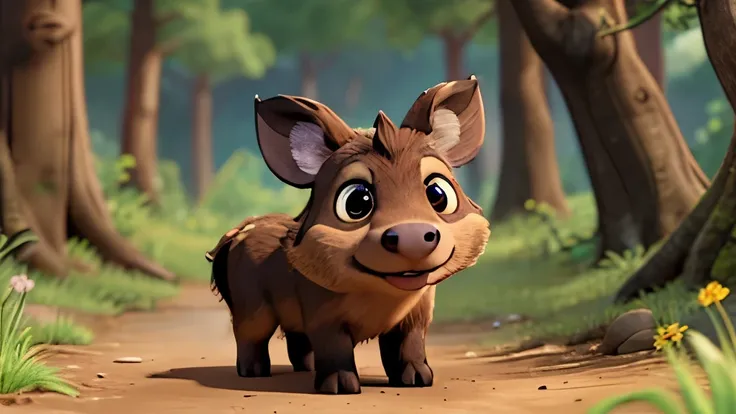 A small, energetic wild boar with brown fur, a black snout, and floppy ears. His eyes are wide with determination as he chases after a butterfly. His tongue lolls out as he pants heavily.