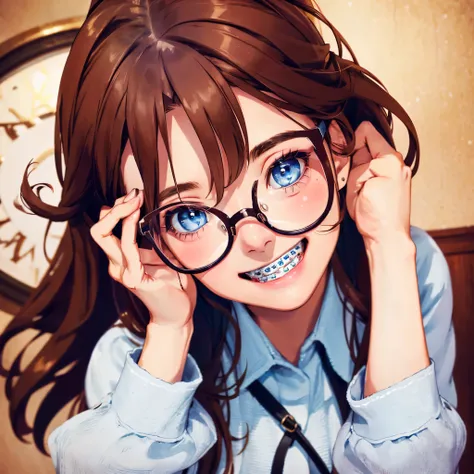 1girl, seductive eyes, braces, glasses, smiling, cute, face focus, blue eyes, blush, brown hair, best quality, masterpiece, highres