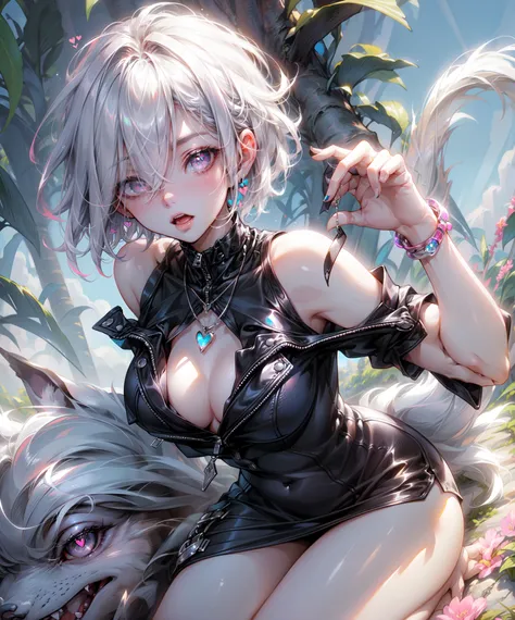 (Highest quality、High resolution、8K、masterpiece:1.2)。Look away、Open your mouth、Pink Eyes、Silver Hair、Heart shaped pupil、teeth、tongue、tongueを出す、（Original Character, (1 Girl)、Perfect Face、((short hair:1.2))、(Hair above one eye:1.3)、[[Disheveled Hair]]、Colorf...