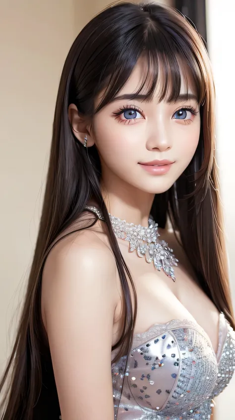 (Very beautiful  cute girl), (very  cute face:1.2),16 yo, (sparking crystal clear attractive large eyes), best looks, Beautiful detailed eyes, Detailed double eyelids, (smiling), (realistic photograph:1.2), long straight hair