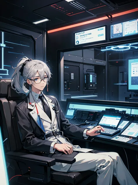 （Mastepiece）（High definition）Teenage Japanese male android、Gray Hair、ponytail、hat、Tuxedo、tie、Wearing round rimless glasses、Sitting、It is connected to the machine by multiple cables.（charging）、background（A science fiction-like electronic world、A space that ...