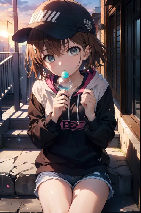 Mycotrose, Brown eyes,Brown Hair,short hair,Small breasts,Oversized black hoodie,Baseball cap,Shorts,boots,He has his hands in his hoodie pockets,Blowing bubble gum with your mouth,Sitting on the stairs,evening,sunset,The sun goes down,whole bodyがイラストに入るよう...