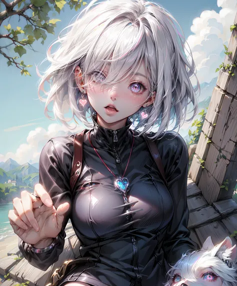 (Highest quality、High resolution、8K、masterpiece:1.2)。Look away、Open your mouth、Pink Eyes、Silver Hair、Heart shaped pupil、teeth、tongue、tongueを出す、（Original Character, (1 Girl)、Perfect Face、((short hair:1.2))、(Hair above one eye:1.3)、[[Disheveled Hair]]、Colorf...