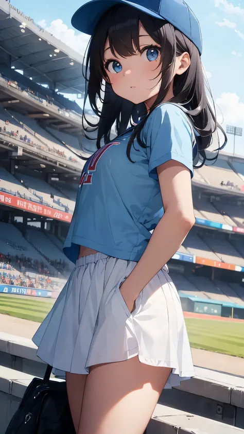 ((Highest quality)), ((masterpiece)), (detailed), 
Stadium in midsummer、Baseball Girl、Black Haired Girl。He is wearing a light blue baseball shirt with a summery blue and white look.、Baseball Cap、Vision、Visionのスタジアム、
