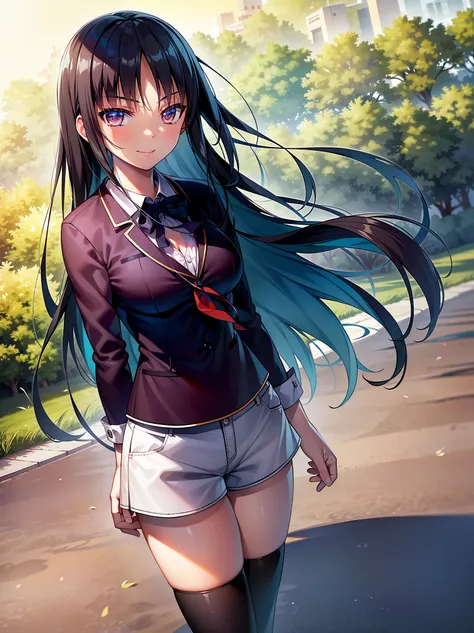 (8K, Highest quality, Highest quality, masterpiece), standing, 1girl, fullbody, solo, cowboy shot, aasuzune, long hair, black hair, hair loose in the wind, leafs in the air, (summer ambient), mini top, black thighhighs, smile, Denim short shorts, school, o...