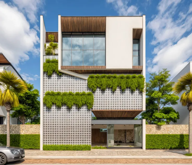 Masterpiece, high quality, best quality, authentic, super detail, outdoors, house style modern,bietthuhn, white wall, glass windows, gate road,pavement, grass, trees,blue sky, cloud, (day:1.1), realistic lighting