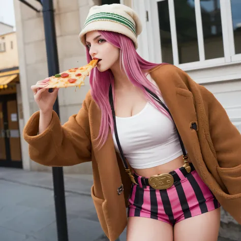 masterpiece, top quality, bny1, 1 woman, alone, purple eyes, pink hair, long hair, green hat, vertical striped shorts, suspender...