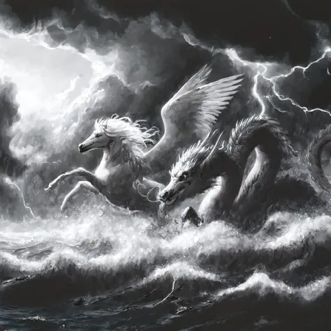 Black and white photo of a horse and a dragon in the sea, Mysterious Creatures, Ominous fantasy illustration, flying mythical beast, inspired by Gustave Dore, Godrays digital painting, Storm Dragon, author：Radi Nedelchev, author：Adam Marcinski, Jason Benja...