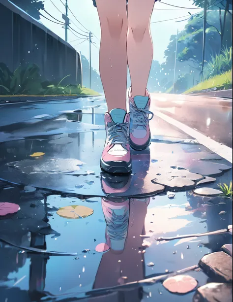 (anime style:1.4),Soft pictorial touches、超High resolution, Attention to detail, high quality, High resolution, 最high quality, 4K, 8K,Highly detailed depiction of a girl、Road after the rain、Puddle and girl、Pastel color effect、whole body、Close-up