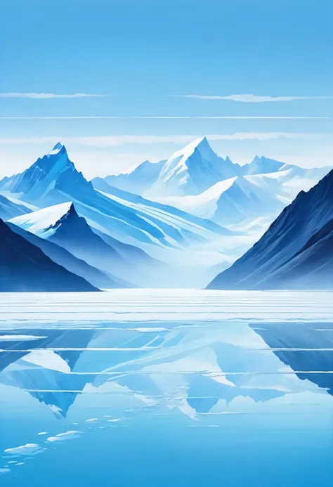 minimalist stripe painting, misty ice field，lovely glacier background，snow mountain