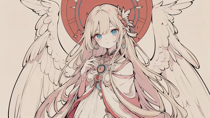 (Designed by nty:1.4),Upper body portrait of a girl, rich and colorful, rich and colorful, Yoshitaka Amano character design,Solitary,Angelic, symmetrical beautiful, Angel Wings, Gorgeous long dress, stand up, (((Solitary))), Color Matching,Clear facial fea...
