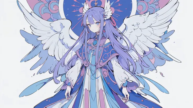 (Designed by nty:1.4),Upper body portrait of a girl,Bright blue purple, rich and colorful, Yoshitaka Amano character design,Solitary,Angelic, symmetrical beautiful, Angel Wings, Gorgeous long dress, stand up, (((Solitary))), Color Matching，Clear facial fea...