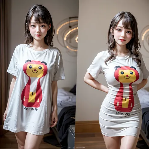 White and Bright Red, (Masterpiece 8K TopQuality:1.2) (ProfessionalPhoto:1.37) ExtremelyDetailed (((FullBody, KAWAII girl with HUGE boobs:1.37)) in ((WHITE cotton T-shirt dress:1.28) with (LifeSize her portrait printed on it:1.37)) detailed (Delicate cotto...