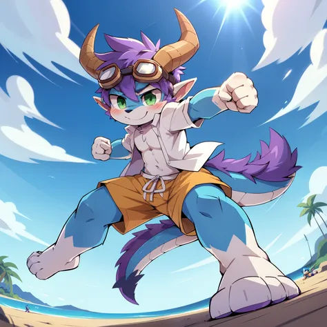 score_9,score_8_up,score_7_up, source_cartoon, source_furry, dragon boy, horns, green eyes, tail, purple hair, shota, furry, blush, dragon tail, looking at viewer, smile, dragon horns, pointy ears, short hair, furry male, (two tone body fur, blue body fur,...