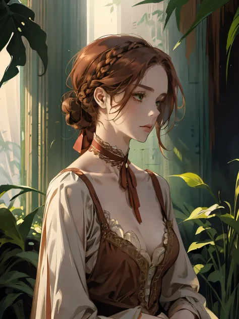 one, lonely, digital painting of a woman with her hair tied up in a bun, Brown red hair, green eyes, young noblewoman from the 1800s , calm face, long face, looks down, dark red dress, ((neck-length dress)), decorations on the head around the hair portrait...