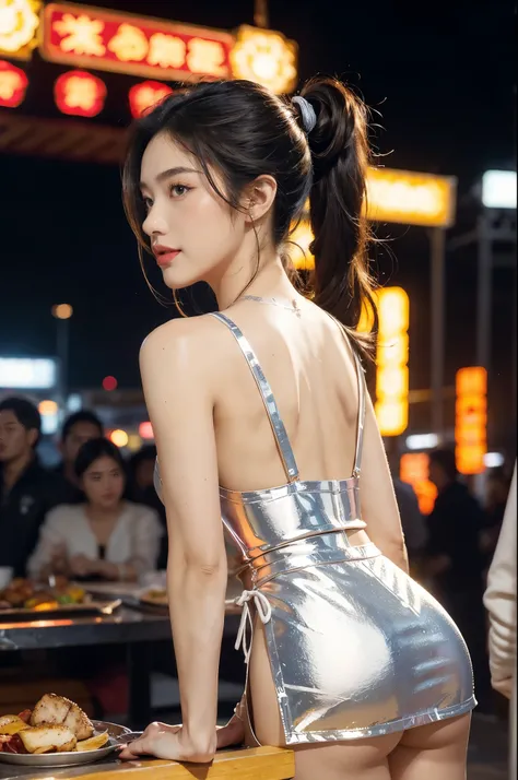 (((best quality))),(((ultra detailed))),(((masterpiece))),illustration,((1 beautiful girl,solo)),((slim,thin)),((bare back,towering hips,butt crack)),summer night,metropolis,barbecue joint,humble,vibrant energy,city that never sleeps,(short ponytail:1.2),(...