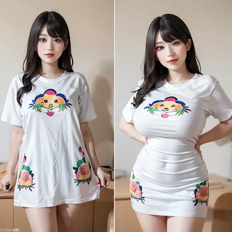 White and Bright Red, (Masterpiece 8K TopQuality:1.2) (ProfessionalPhoto:1.37) ExtremelyDetailed (((FullBody, KAWAII girl with HUGE boobs:1.37)) in ((WHITE cotton T-shirt dress:1.28) with (LifeSize her portrait printed on it:1.37)) detailed (Delicate cotto...