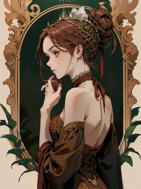 one, lonely, digital painting of a woman with her hair tied up in a bun, Brown red hair, green eyes, young noblewoman from the 1800s , calm face, long face, looks down, dark red dress, ((neck-length dress)), cloth, covering shoulders, decorations on the he...