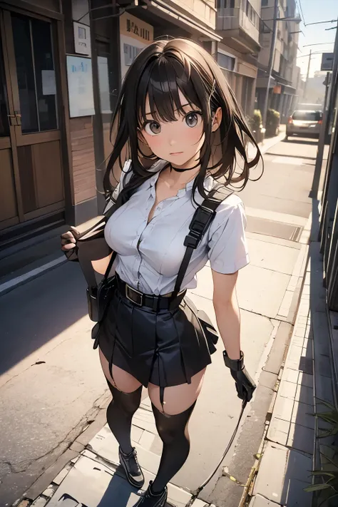 high quality, masterpiece, Ultra-high resolution, (realism: 1.4), Oil painting style, Cinema Lighting, , I stood on the empty asphalt road and looked at it., And the suspenders with the cranes flying　　Large Breasts　 　 　　　　Small face　 　　　holster　　　　　　　 Lyin...