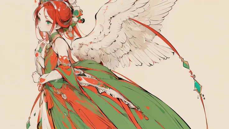 (Designed by nty:1.4),Upper body portrait of a girl, Red and green colorful, rich and colorful, Yoshitaka Amano character design,Solitary,Angelic, symmetrical beautiful, Angel Wings, Gorgeous long dress, stand up, (((Solitary))), Color Matching，Clear facia...