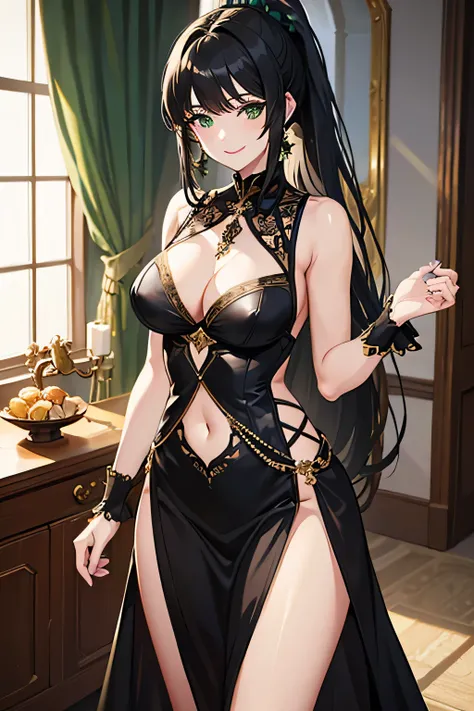 masterpiece, best quality, detailed clothes,1girl, green eyes, black hair, solo, long hair, ponytail, bangs, large breasts, black and gold lingerie low cut, v-cut dress with skirt, smiling, smile