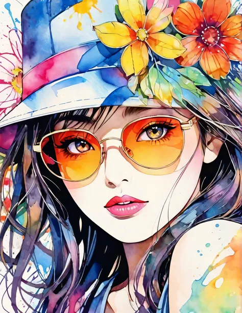 beautiful woman portrait, Sylvia Pelissero watercolors, colorful flowers、beautiful eyes、 abstract art, intense watercolor, watercolor detailed art, watercolor splash, surreal, avant-garde pop art, Beautiful and expressive paintings, Beautiful artwork illus...