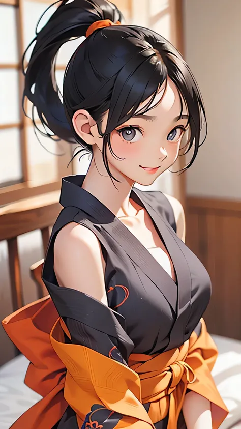 highest quality、Realistic、woman、summer night、Gray Eyes、ponytail、all back、Black Hair、Orange Lingerie、Dark blue yukata、Open yukata、Tanned black body、Tan Skin、Brown black skin、Dark skin、slender、Large Breasts、smile、Bust Shot