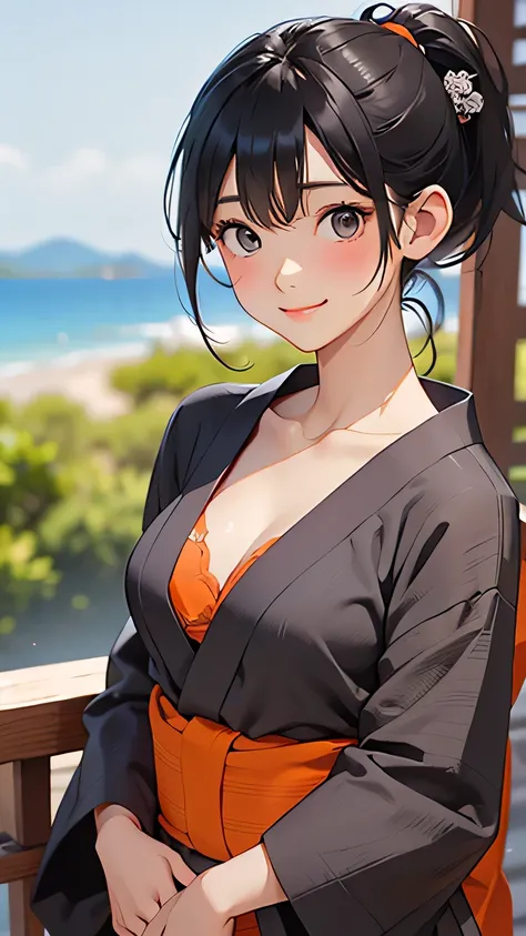 highest quality、Realistic、woman、summer night、Gray Eyes、ponytail、all back、Black Hair、Orange Lingerie、Dark blue yukata、Open yukata、Tanned black body、Tan Skin、Brown black skin、Dark skin、slender、Large Breasts、smile、Bust Shot