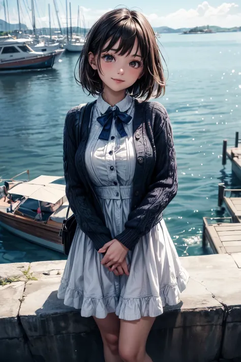 very cute and beautiful girl,(highly detailed beautiful face),
frilled white summer dress with detailed lace,(navyblue cardigan),standing,
hilltop,harbor,town overview,marina,distant ocean background,island,beautiful summer sky,
(smile),black hair,mid shot...