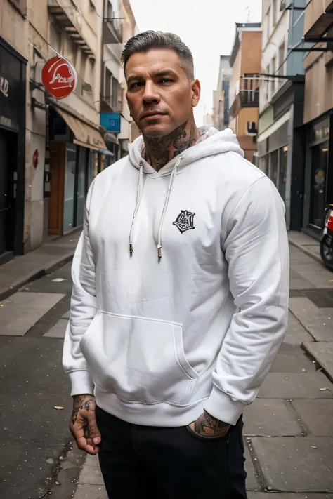 Help me create some thick white hoodie models with male models over 45 years old with muscular tattoos and street style. frontal position