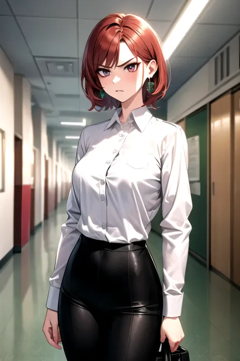 ((best quality)), ((Masterpiece)), (details:1.4), 3d，The clothes are tight., mature woman, teacher, fierce, earring, Very angry., short hair, red hair, Shiny skin, fine hair, ใบหน้าที่มีdetails, school hallway, morning, business suit, white shirt, Very acc...