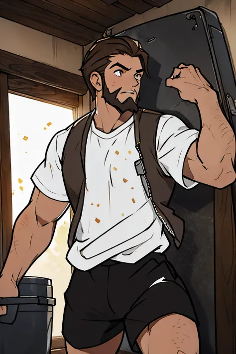 brown hair

male.

speckled beard

white shirt



black shorts.