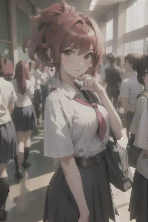 ((best quality)), ((Masterpiece)), (details:1.4), 3d，Large clothing, high school girl, fierce, earring, short hair, red hair, Shiny skin, fine hair, ใบหน้าที่มีdetails, school corridor, morning, Very accurate and detailed background., Crowds of female stud...