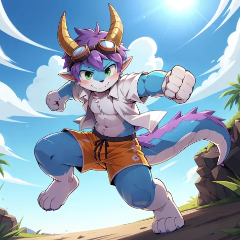 score_9,score_8_up,score_7_up, source_cartoon, source_furry, dragon boy, horns, green eyes, tail, purple hair, shota, furry, blush, dragon tail, looking at viewer, smile, dragon horns, pointy ears, short hair, furry male, (two tone body fur, blue body fur,...