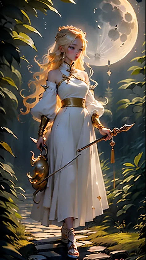 Princess (Blonde hair, Wear a long skirt, Holding a magic wand), background (forest, moon), Chinese dragon (one, Five-clawed golden dragon, Two wings), 骑着龙的Princess  