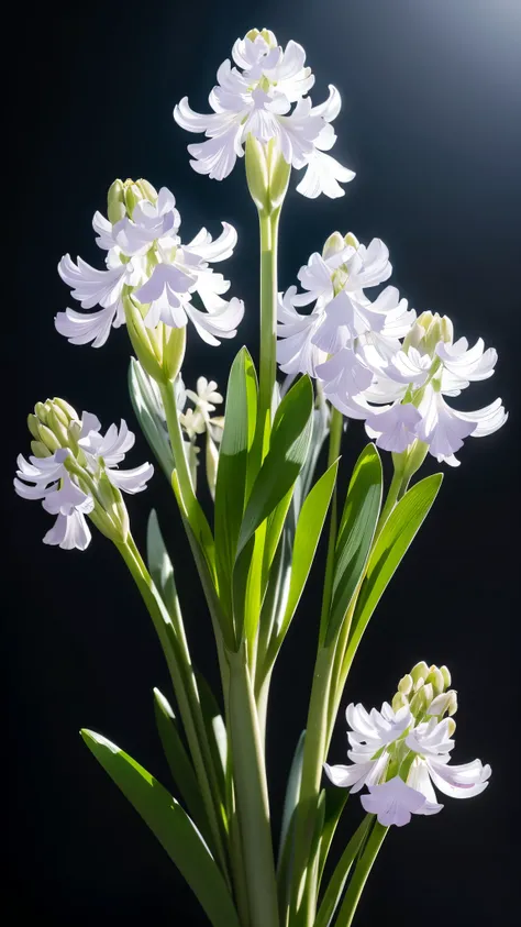 Delicate bouquet of hyacinths, Ultra-transparent, holy Light, beautiful spectral Light, Petals Shine, Blink, Dark Background, transparent Light drops, reflective Light, bright, Light flowing in, Optics, Portrait Profile, Sharp focus, Magic, Complex, Ultra-...