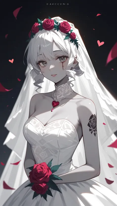 (Fraction_9,Fraction_8_Direction_7_up),1 Woman,（（（bust））），whole body，There is a heart on the chest，There is a big rose on the waist，Black Wedding Dress Bride，Zombie Bride，curls，Gray skin,Off-white hair,Close your eyes,Black wreath on head,Black wedding dre...