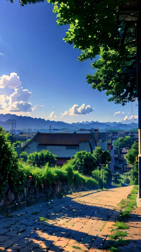 anime screenshot of a house(beautriful house)(house)(house full view) with a mountain in the background, anime background art, a...