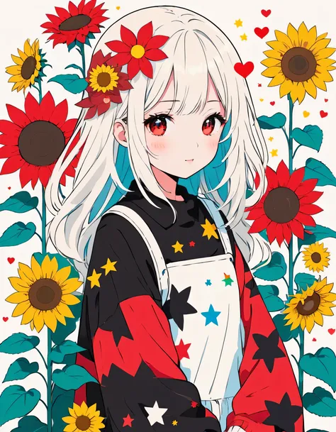 Black Star Red and White style, Simple Line Initialism，Abstract art，Kawaii Design, The most beautiful girl of all time、The background is sunflowers, colorful hearts, colorful flowers, Cute Aliens