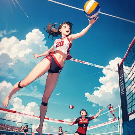 best quality, high resolution, woman jumping in the air to hit a volleyball ball, female beach volley player, Beach Volleyball, high-speed sports photography, extreme sports photography, amazing shot, wide angle dynamic action shot, volleyball net, breatht...