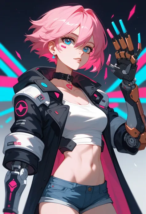 (Fraction_9,Fraction_8_Direction_7_up),1 Woman,Half Body，Pink Hair、short hair，Black coat、White top，Denim shorts，Mechanical arm，官方Role艺术,  Role,  mechanized valkyrie girl，Neck collar，high tech，